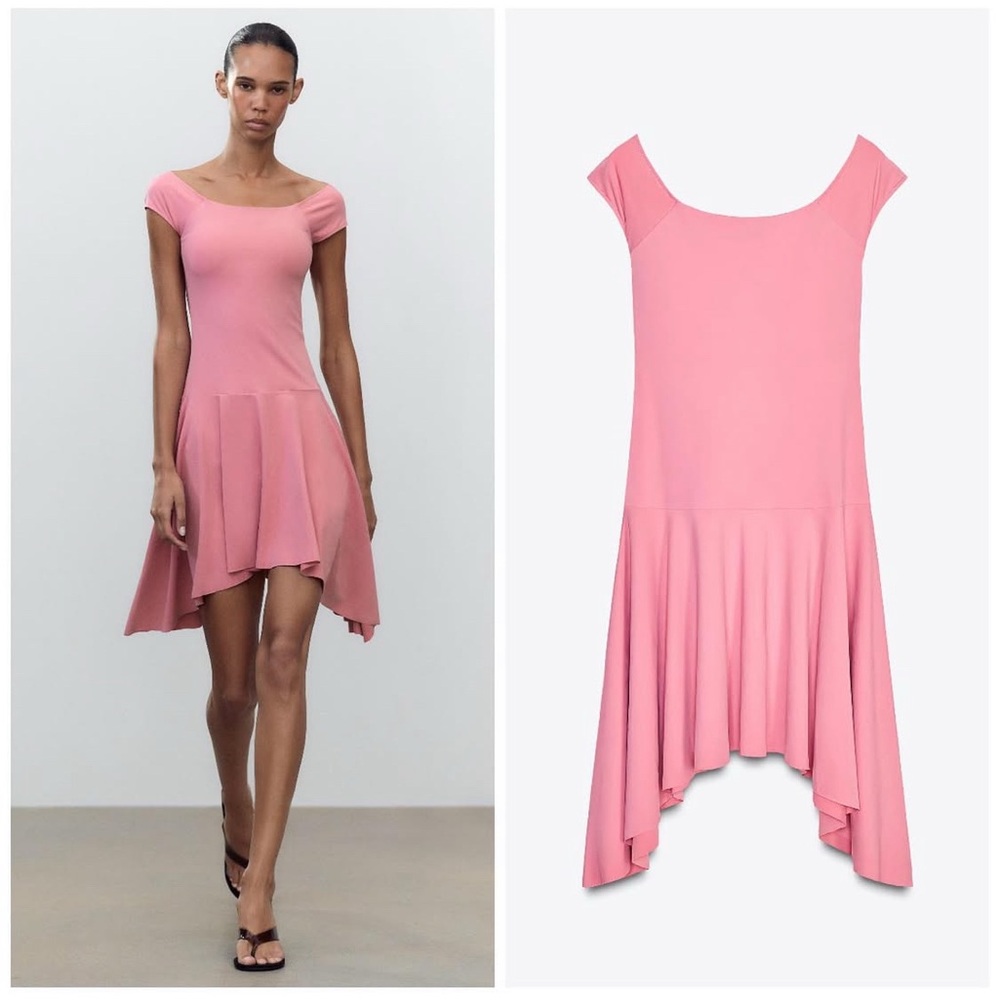 Zara elegant ballerina pink off-the-shoulder asymmetrical dress w/ruffles Sz M